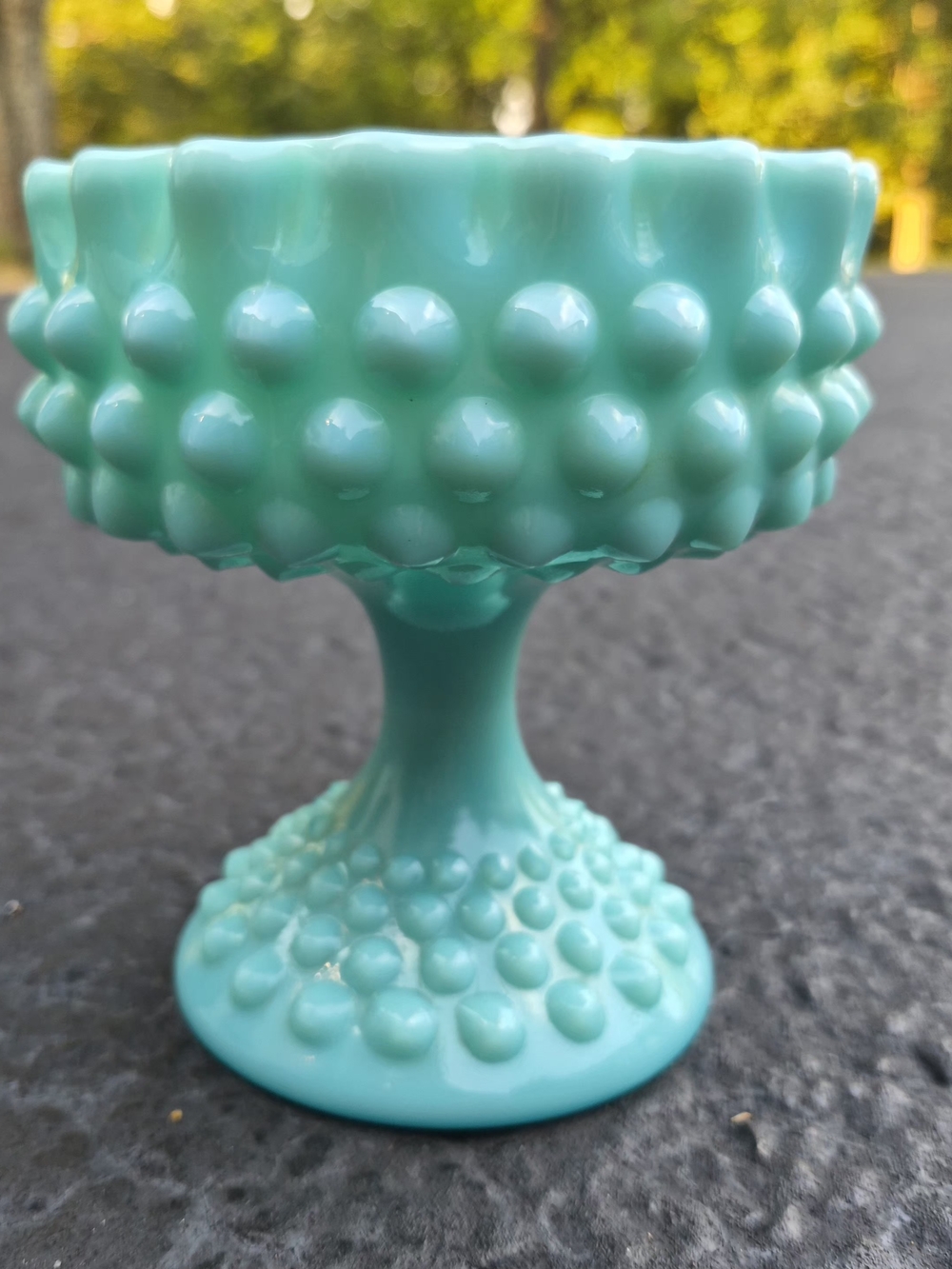 Rare 1950’s Pastel Turquoise Fenton Aqua Milk Glass Hobnail Pedestal Candy Dish